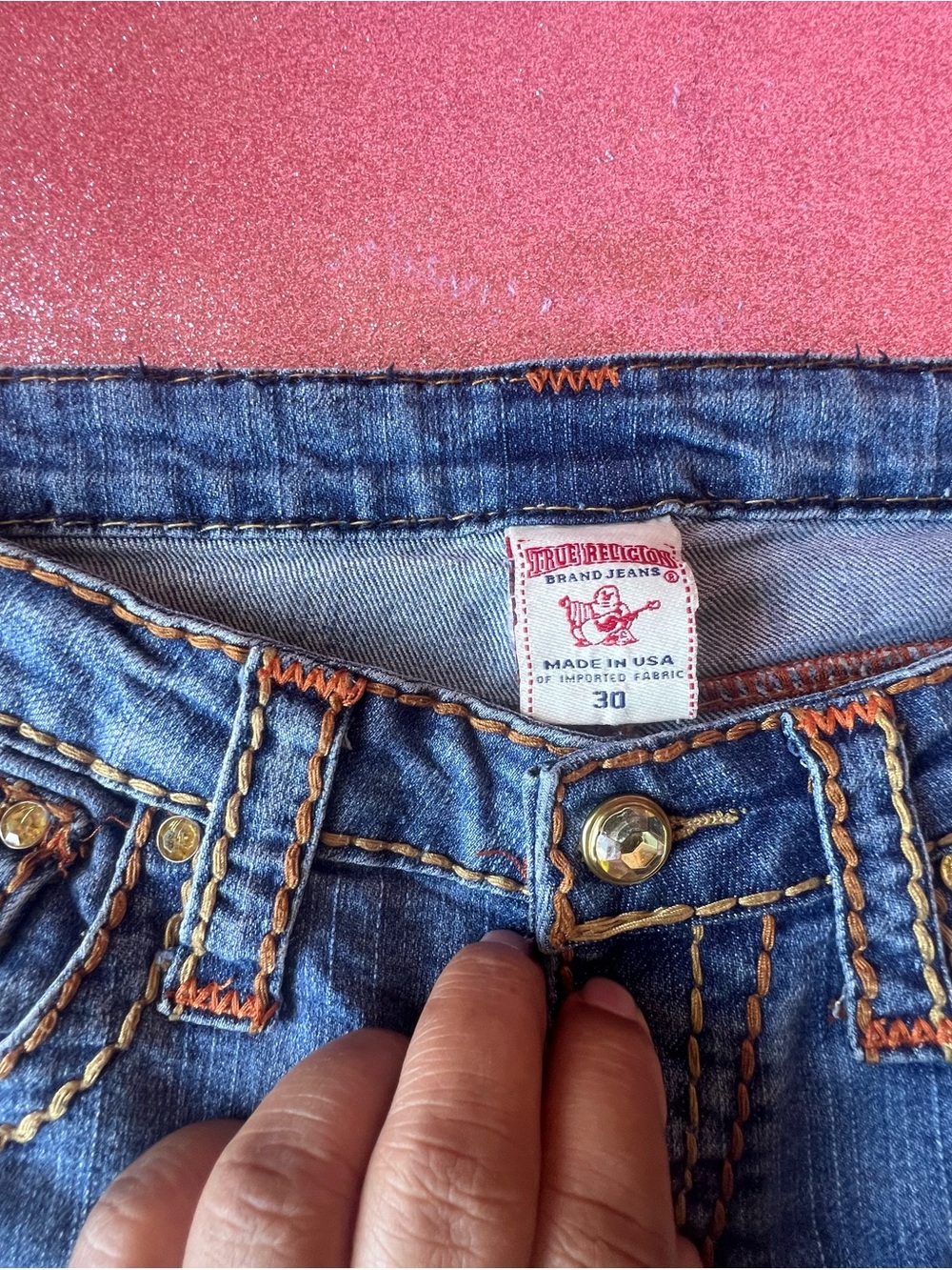 True Religion Blue Denim Straight Leg Jeans with Orange Stitching